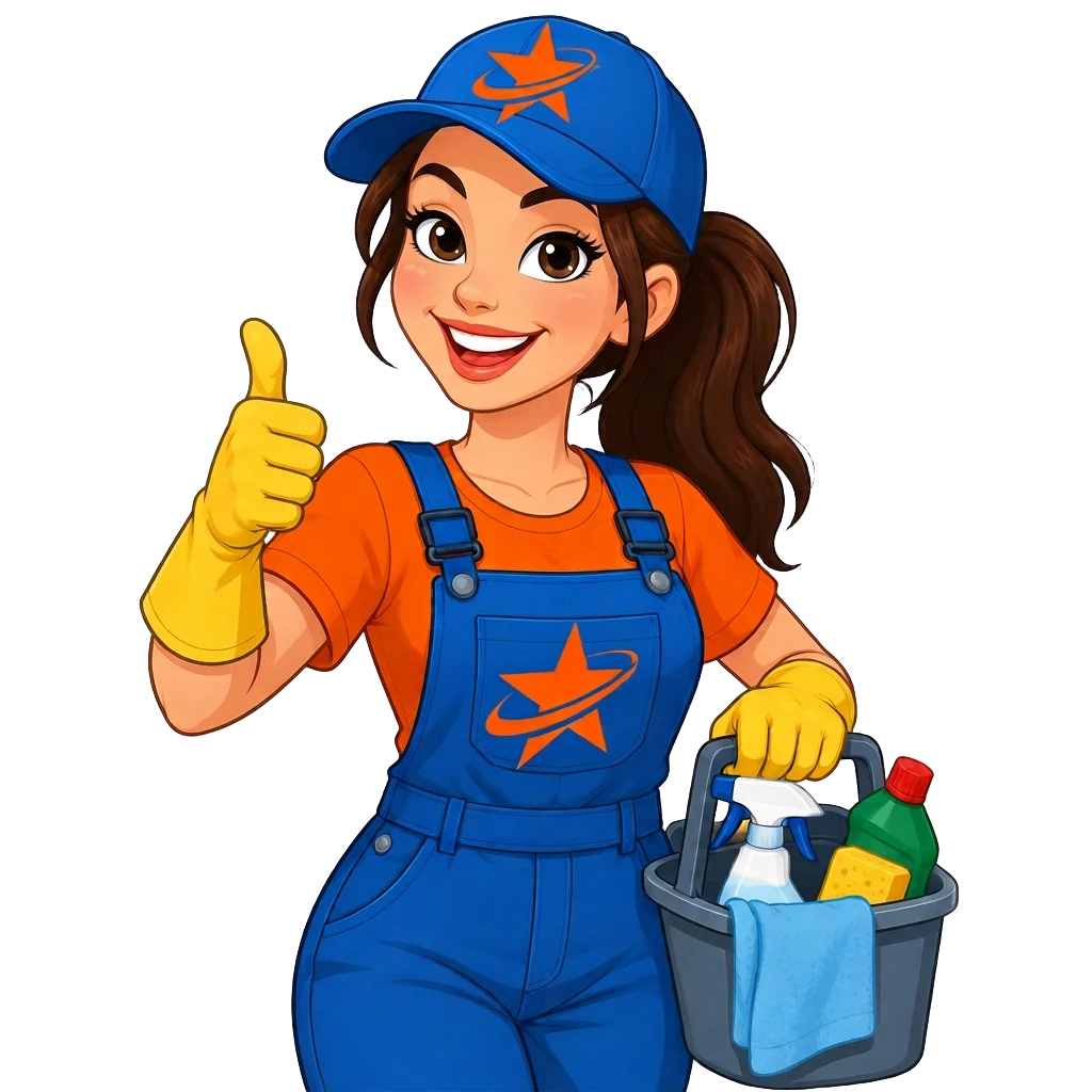 Estrella's Make Ready cartoon cleaner with a caddy of cleaning supplies