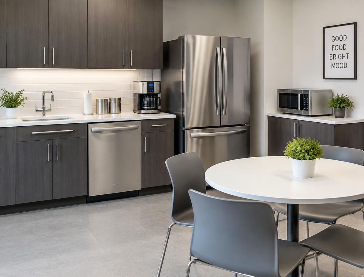 Clean office break room with spotless counters, refrigerator and microwave