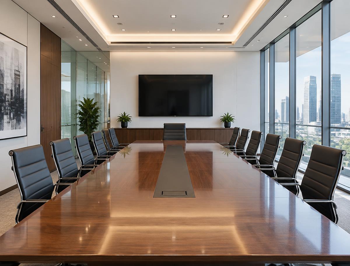 Spotless office conference room with polished table and clean glass wall