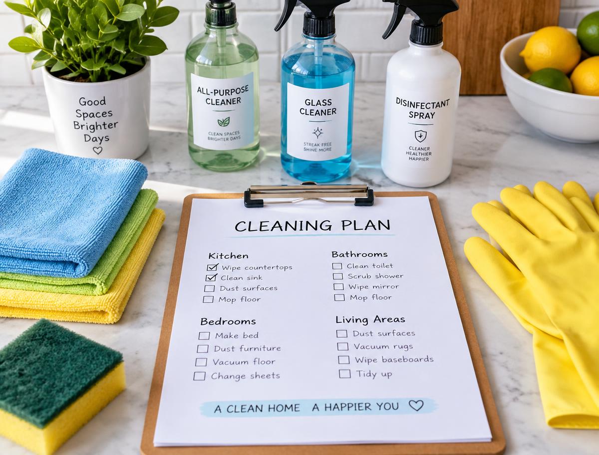 Cleaning plan checklist with supplies laid out on a counter