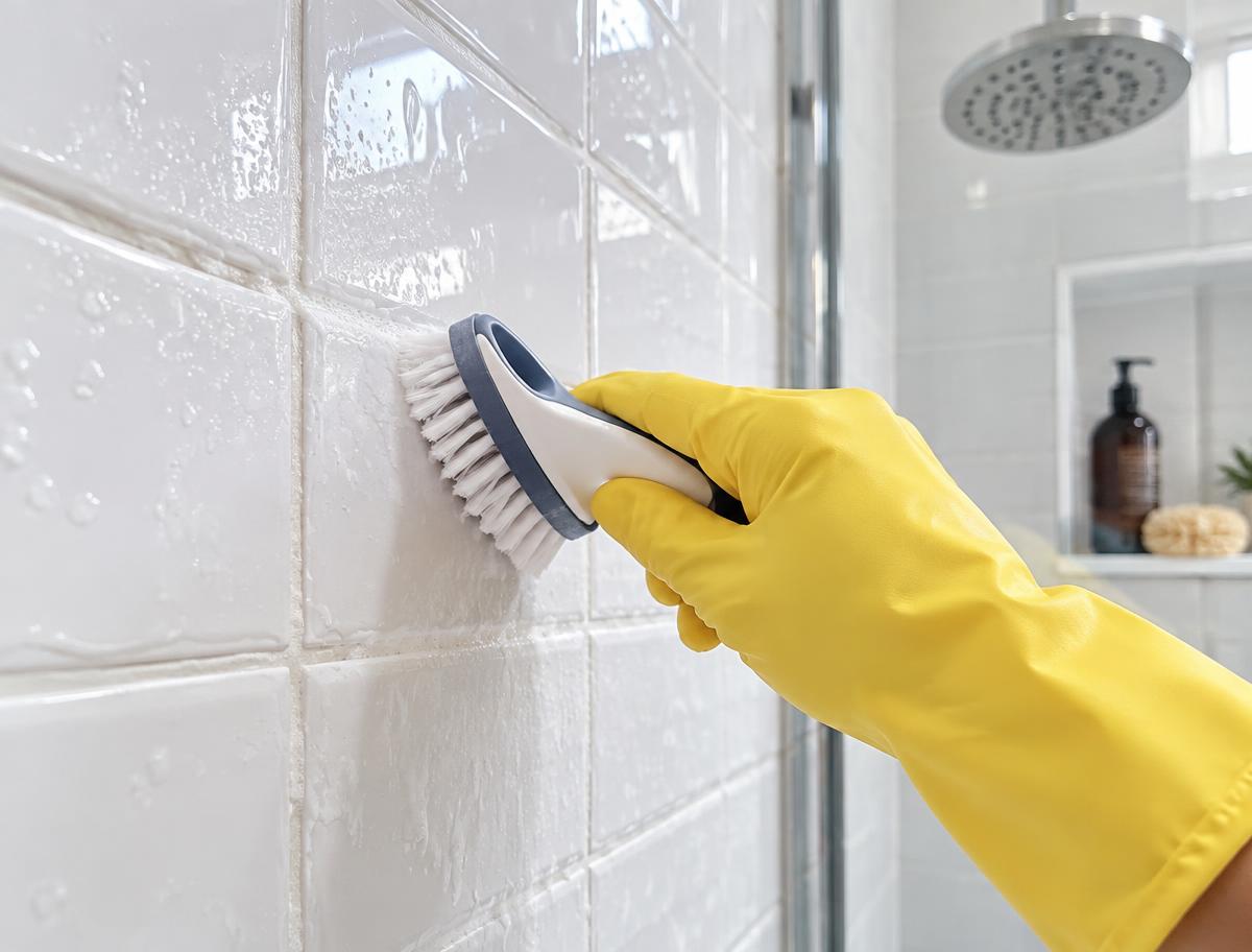 Gloved hand scrubbing shower tile and grout during a deep clean