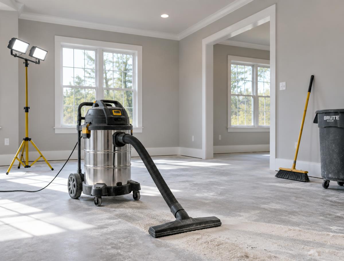 Industrial vacuum cleaning fine dust from a newly finished room