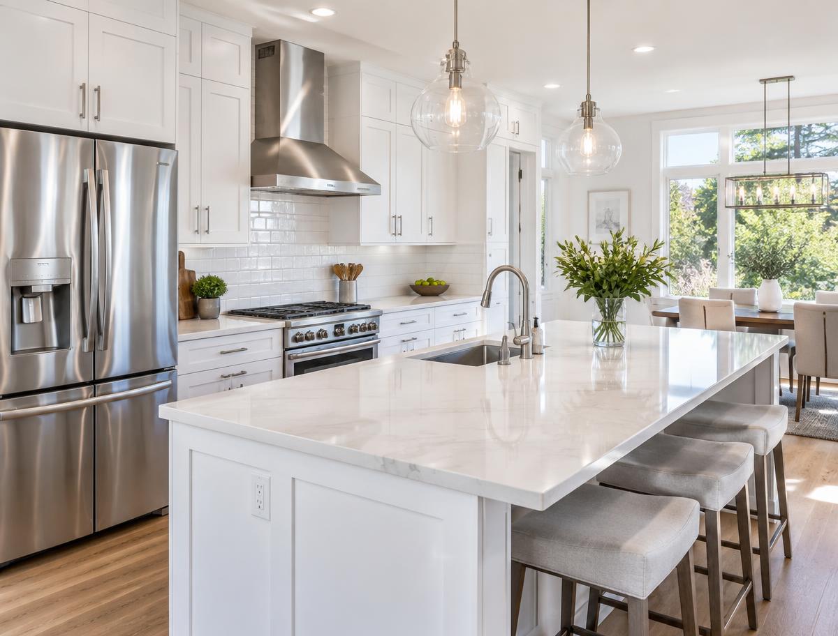 Bright, freshly cleaned kitchen with spotless counters and polished appliances