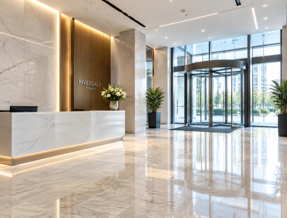 Spotless commercial lobby with polished reception desk and shining floor