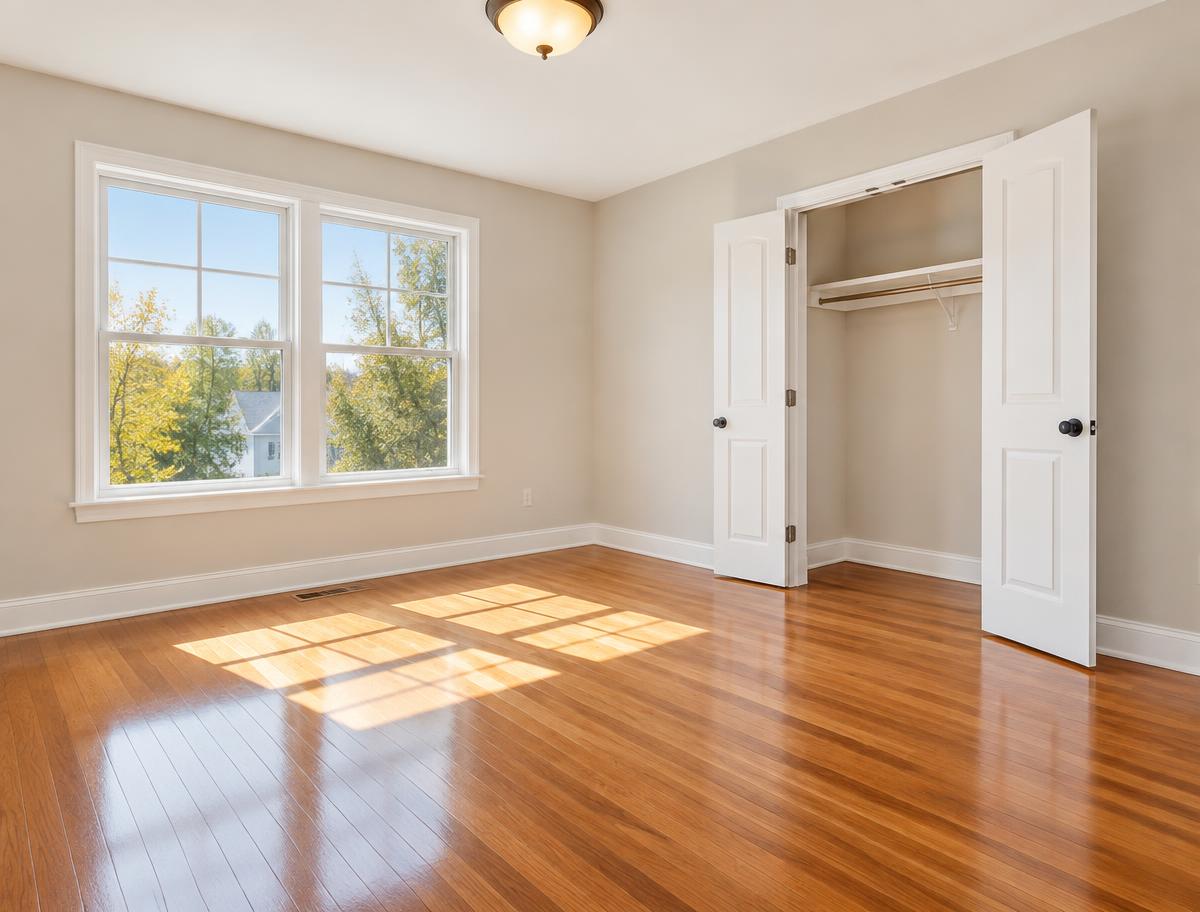 Empty spotless bedroom with gleaming floors, ready for move-in