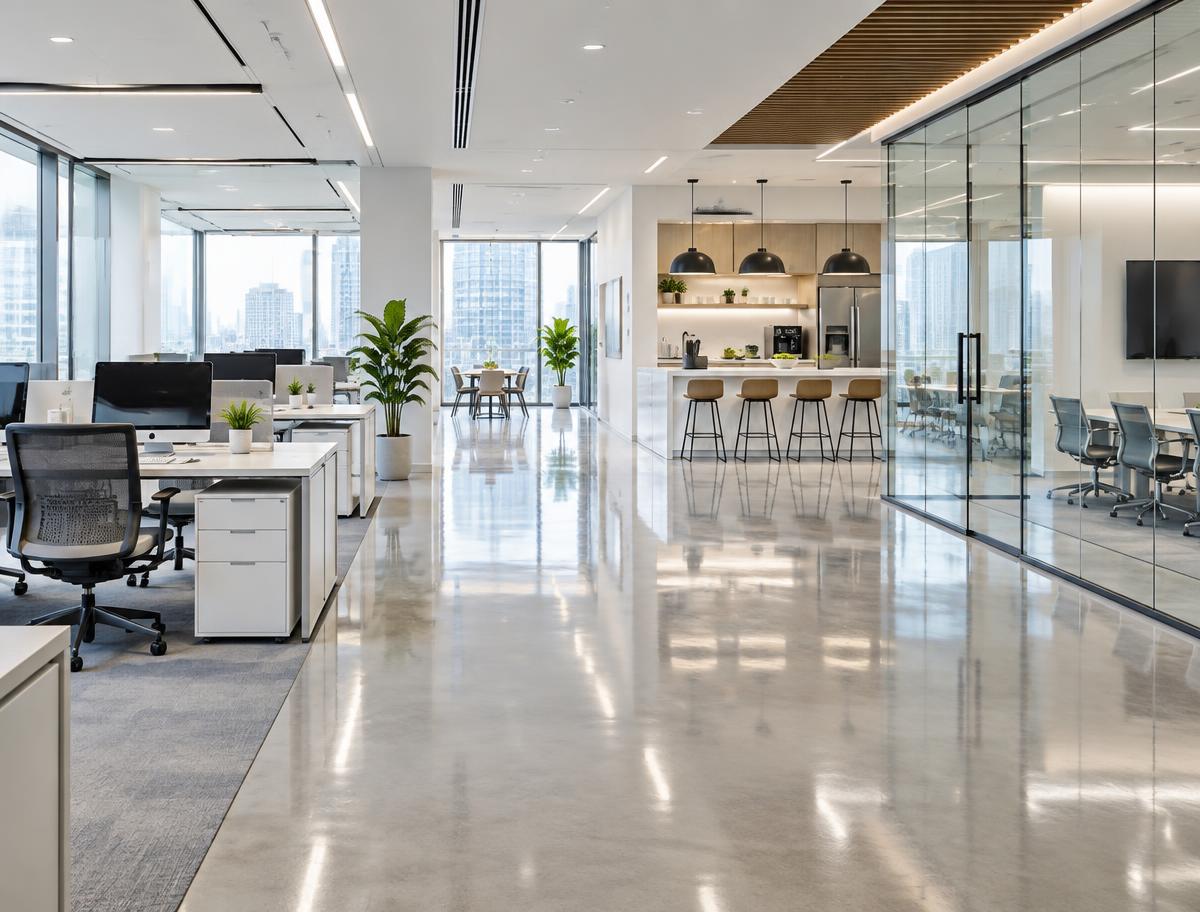 Spotless open-plan office with polished floors, clean glass partitions and tidy workstations