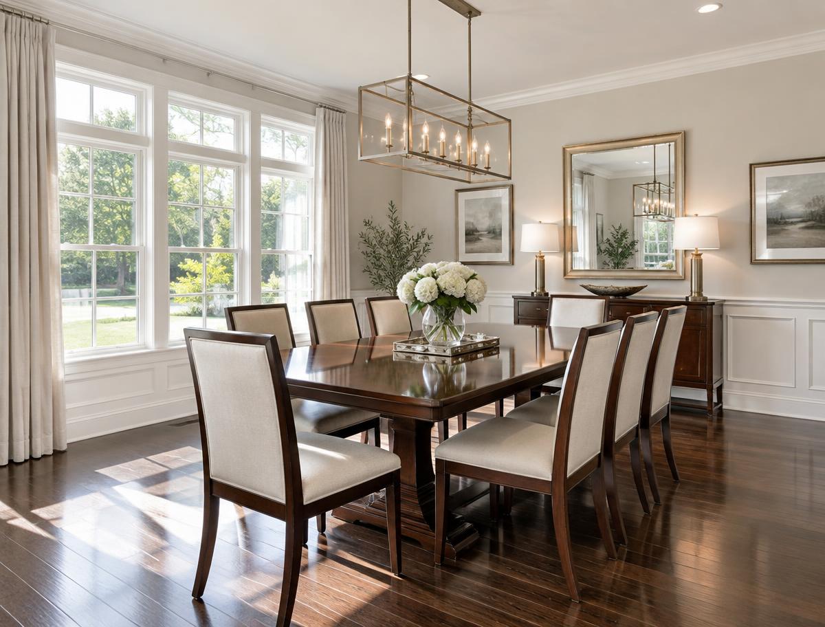 Spotless dining room with a gleaming table ready for guests