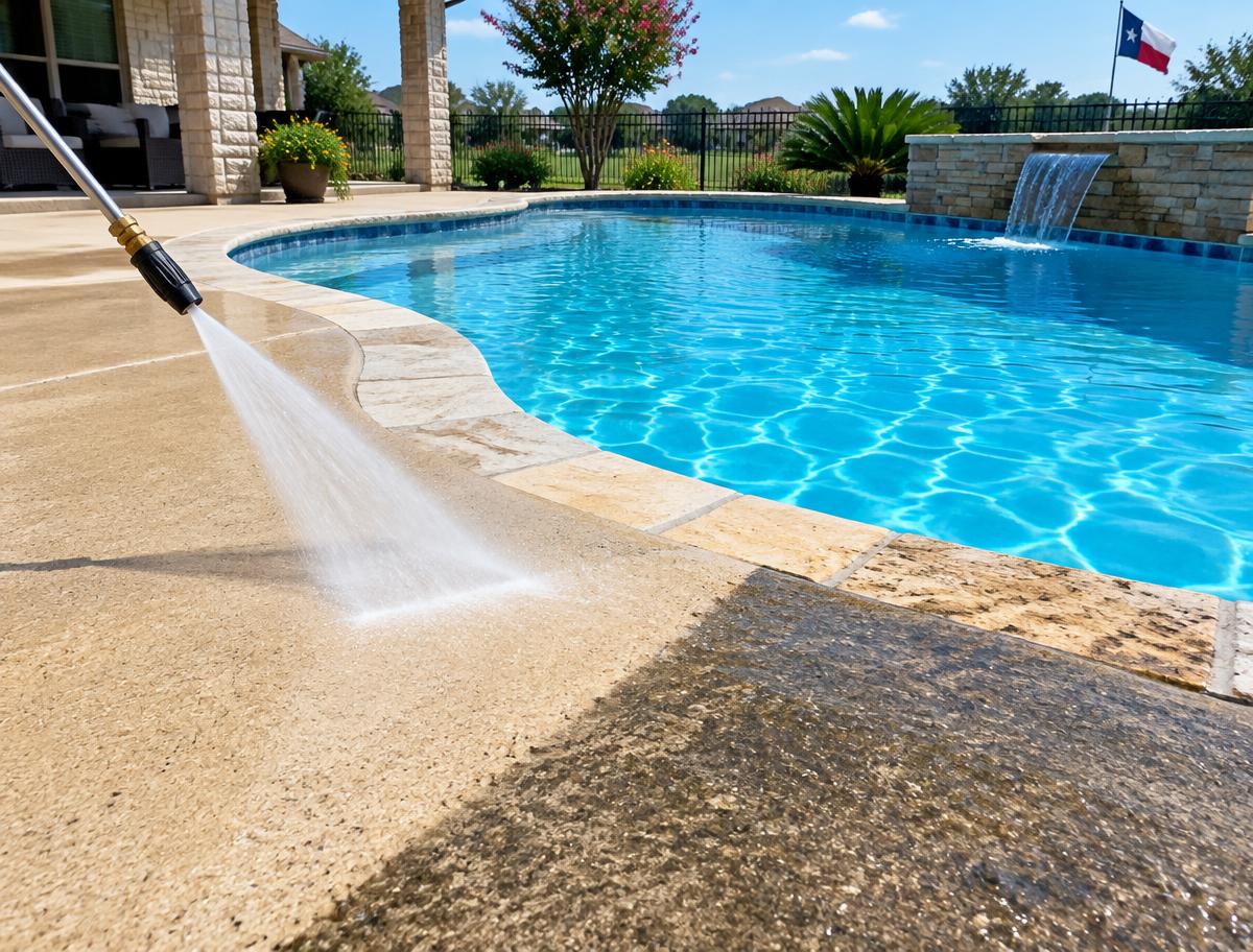 Pressure washer cleaning a driveway with a clear line between the dirty and freshly washed concrete