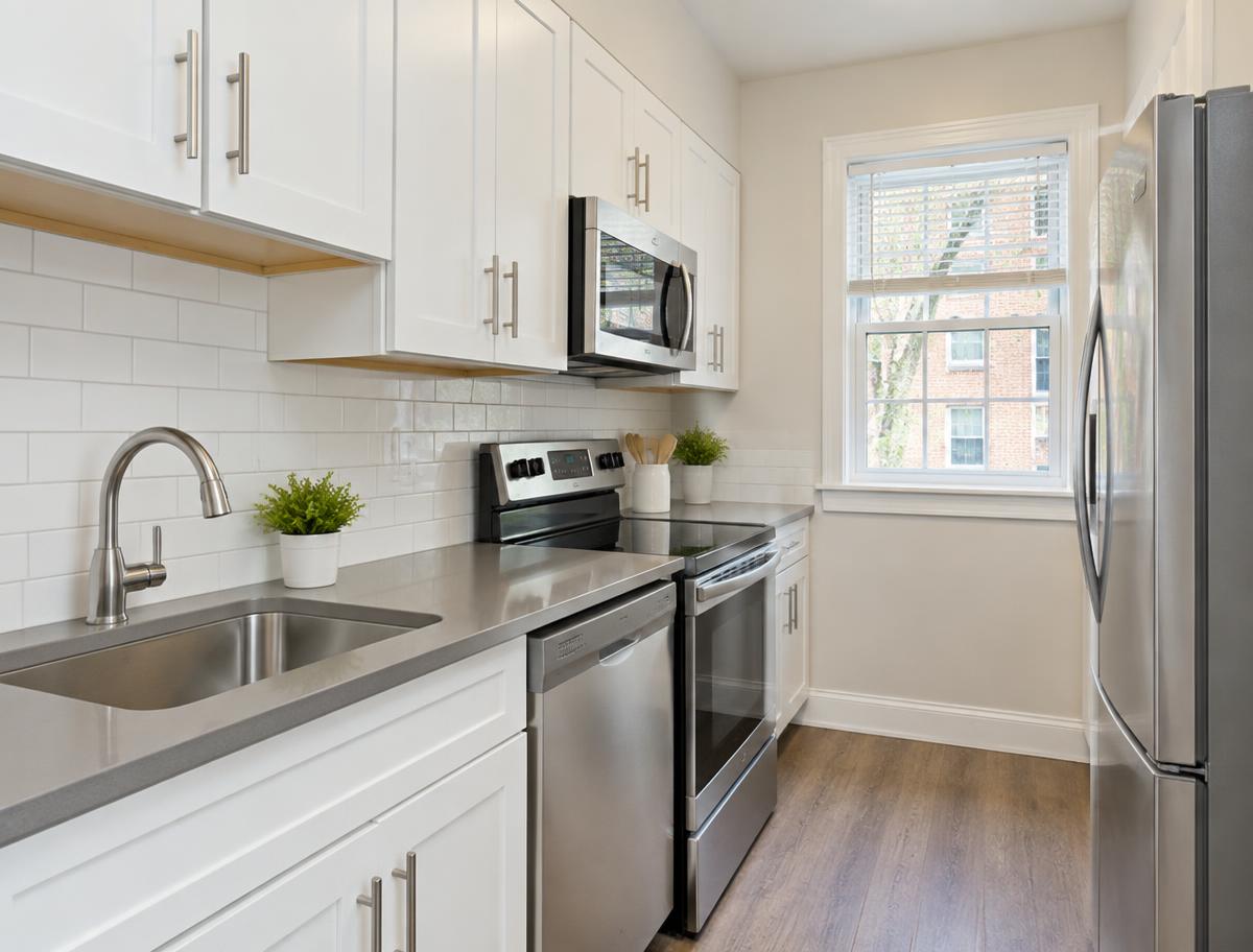 Freshly cleaned apartment kitchen after a rental turnover