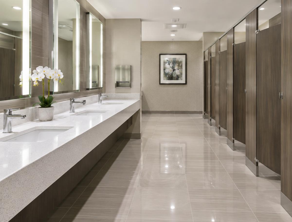 Immaculate commercial restroom with shining sinks and polished tile