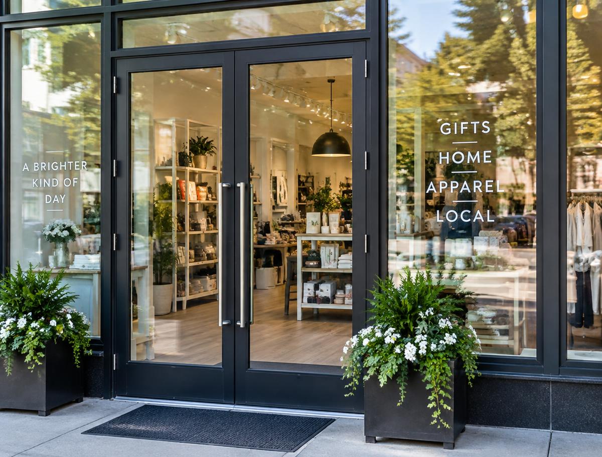 Clean storefront entrance with spotless glass doors and gleaming handles