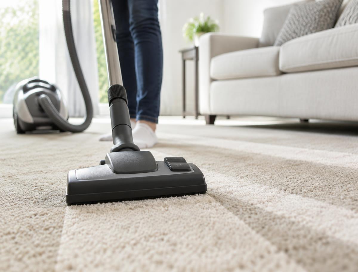 Vacuum leaving clean lines in a freshly vacuumed living room carpet