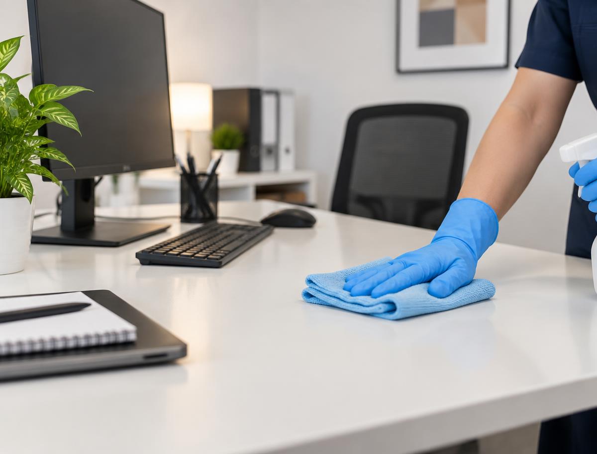Gloved hand wiping down a clean office desk with a microfiber cloth